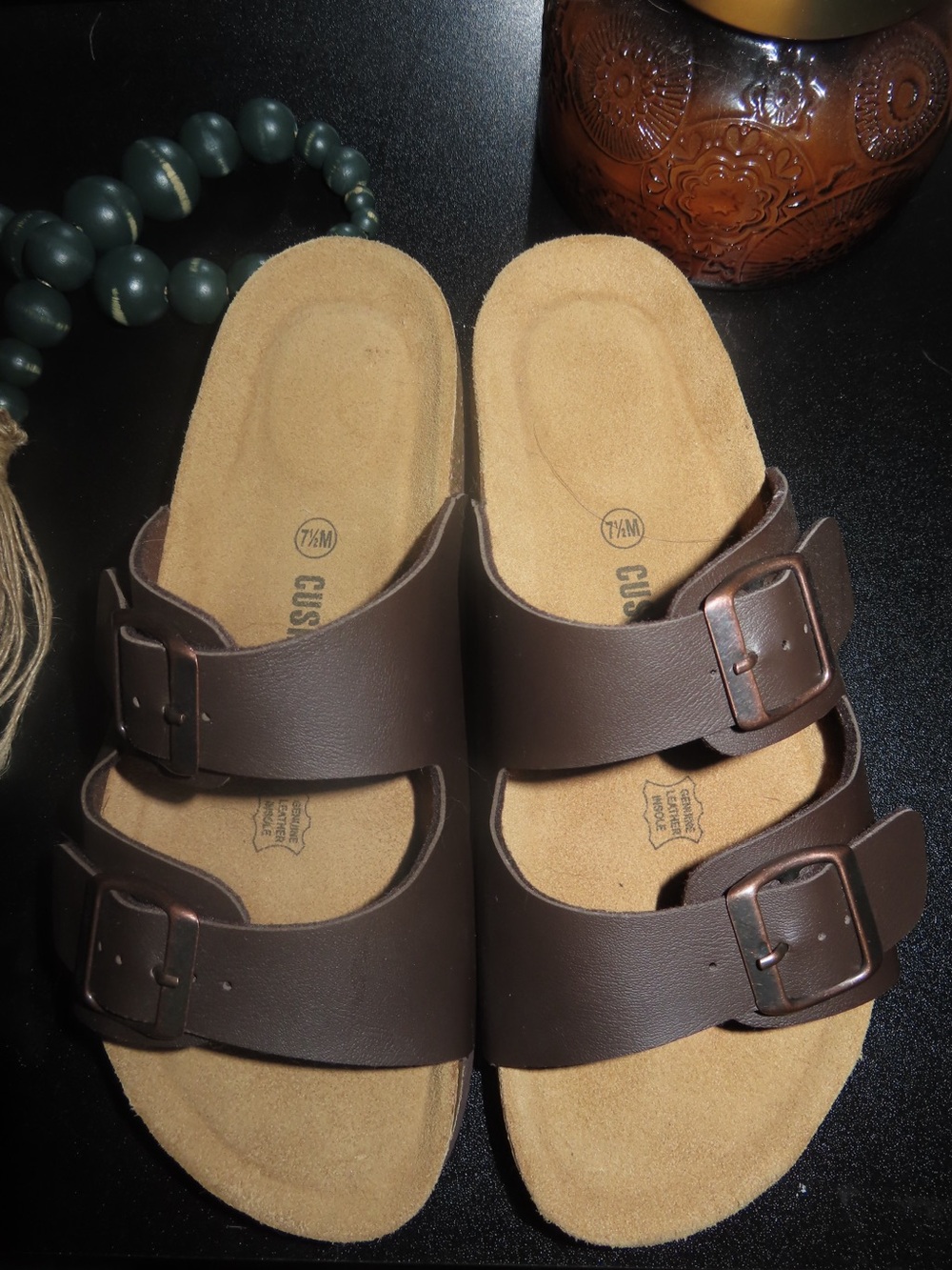 Women's Double-Buckle Slide Sandals in Brown